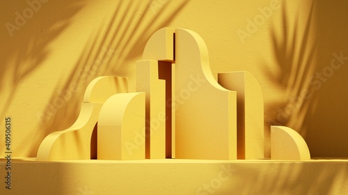 3d render  abstract summer yellow background with geometrical shapes  leaves shadows and bright sunlight. Minimal showcase scene for product presentation