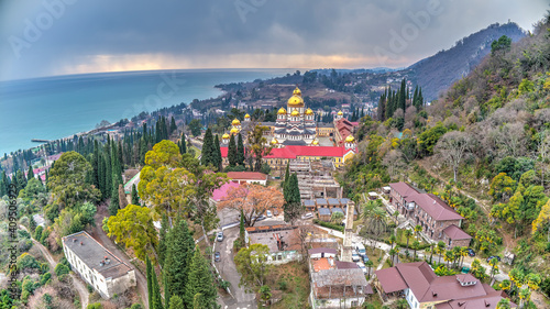 New Athos Monastery. Akhali Atoni, Abkhazia. The main monastery complex of Abkhazia. Aerial view photo