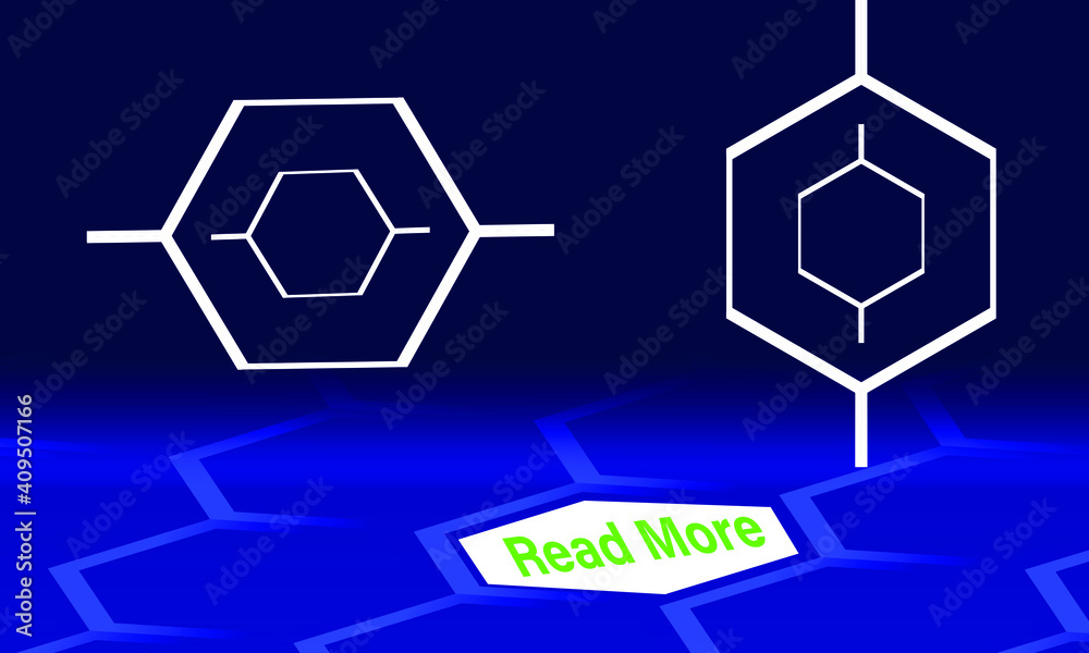 Hexagonal vector landing page template, two white empty frames for photo, text, white button READ MORE, two seamless vector layers: cobalt blue blurry hexagon