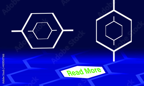 Hexagonal vector landing page template, two white empty frames for photo, text, white button READ MORE, two seamless vector layers: cobalt blue blurry hexagon