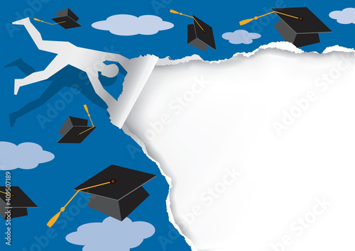 
Man blowing in the wind, tearing paper, flying graduation caps.
Crazy graduation announcement background  with place for your text or image. Vector available.
