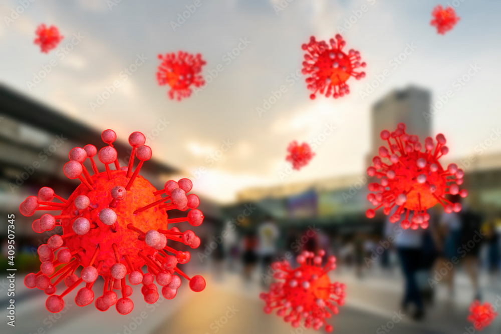 concept red model covid 19 or coronavirus virus case of respiratory epidemic or damage the lungs on blur people and city building background concept red model covid 19 or coronavirus virus case of respiratory epidemic or damage the lungs on blur people and city building background