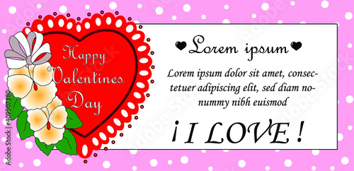 Valentine, white box to write text, on its left side a large red heart decorated with white flowers, text Happy Valentine inside, on a pink background decorated with white dots