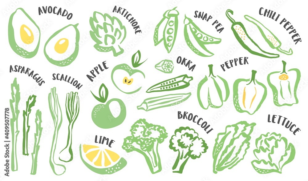Set of hand painted green vegetables and fruits Set of hand painted green vegetables and fruits