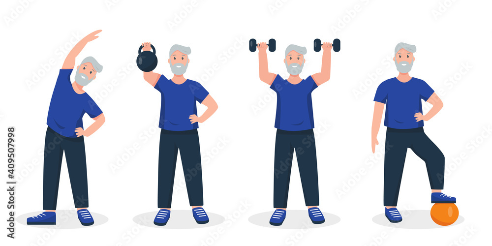 Senior man doing sport exercises.