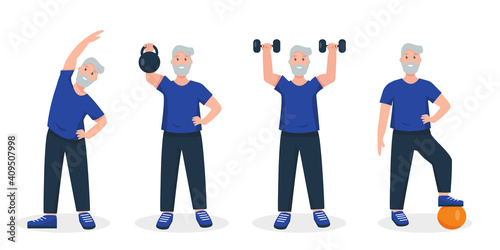 Senior man doing sport exercises.