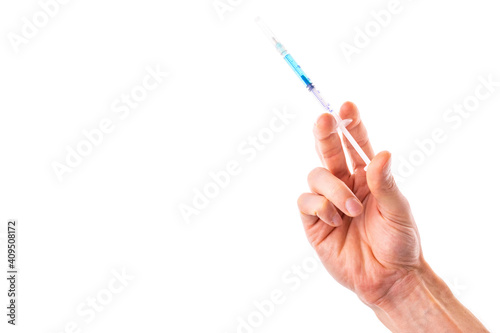 Vial syringe. Doctor hand in medical glove hold syringe with needle for protection flu virus. Covid vaccine isolated on white. Medicine concept vaccination hypodermic injection treatment.