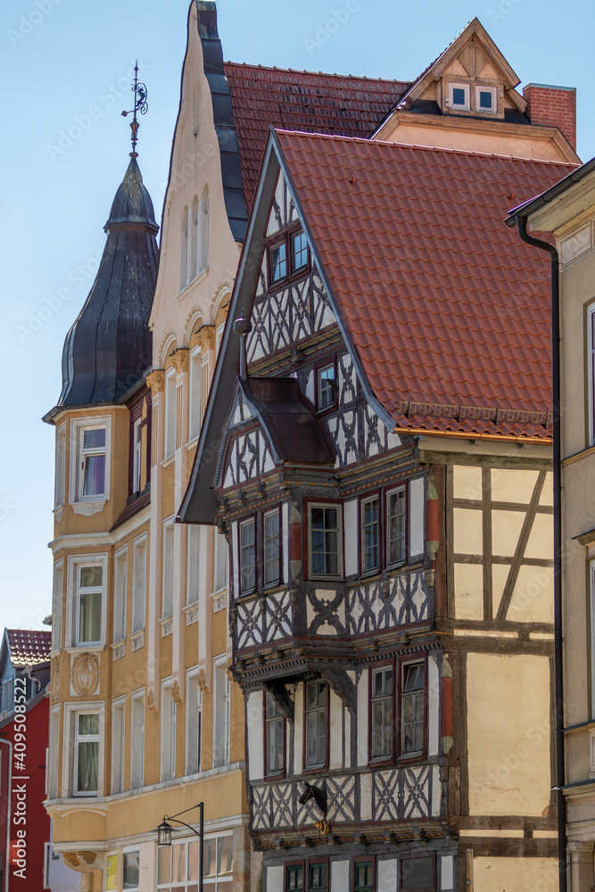 Facades of historic half-timbered houses in Meiningen, Thuringia