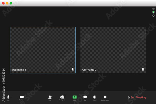 Video conferencing user interface. Video call screen interface template. Application for social communication. Video conferencing window overlay. On white background.