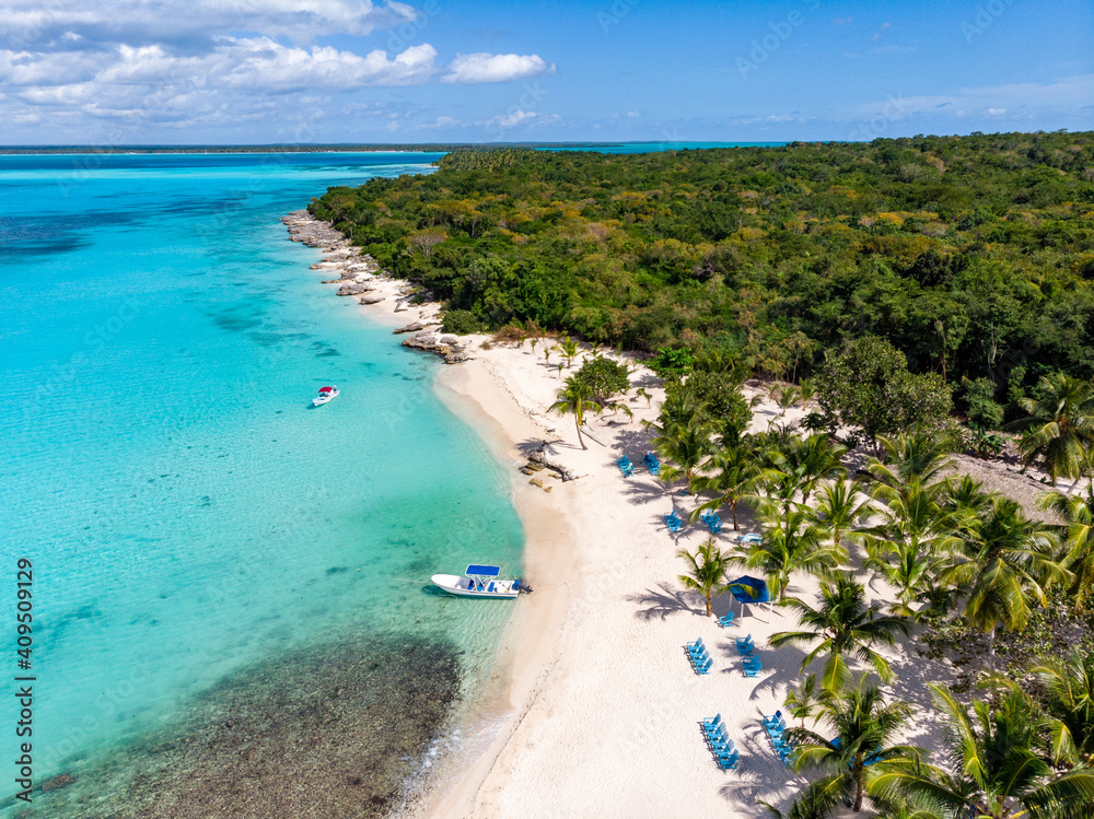 Aerial drone view of the paradise beach with palm trees, boat and blue water of Caribbean Sea with coral bottom, Saona island, Dominican Republic