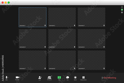 Video conferencing user interface. Video call screen interface template. Application for social communication. Video conferencing window overlay. nine users.