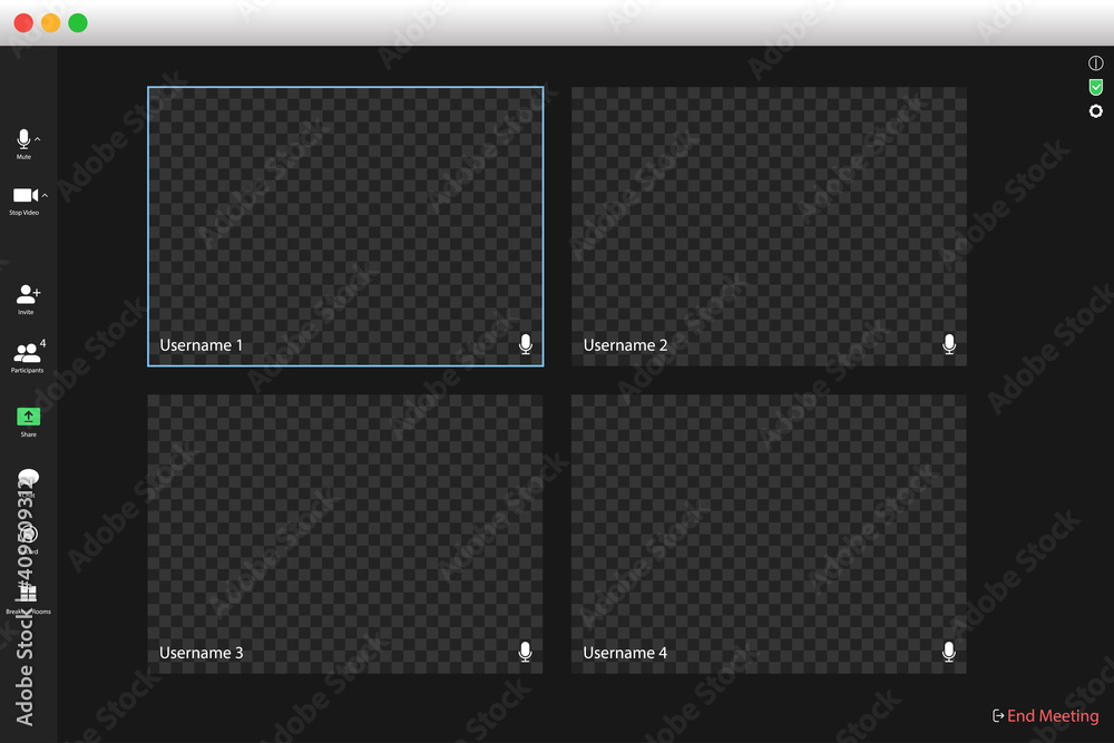 Video conferencing user interface. Video call screen interface template. Application for social communication. Video conferencing window overlay. Four users. Video conferencing user interface. Video call screen interface template. Application for social communication. Video conferencing window overlay. Four users.