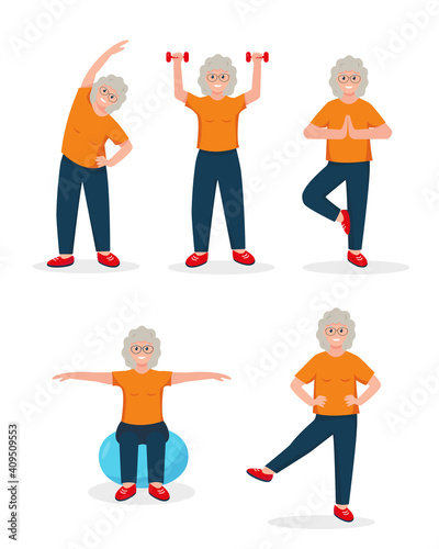 Lifestyle icons set with sports senior woman