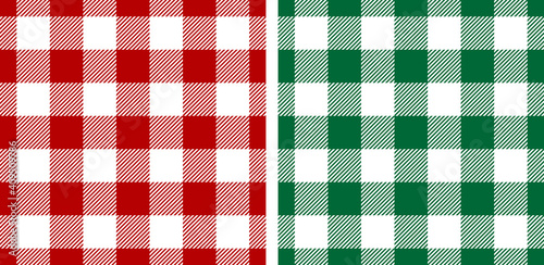 Gingham patterns Christmas in red, green, white. Seamless vichy backgrounds for picnic tablecloth, dress, skirt, gift wrapping paper, napkins, or other modern winter holiday textile design.