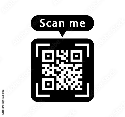 Sample Qr code for smartphone. Scan me inscription tag. QR Code icon for scanning. Qr verification.