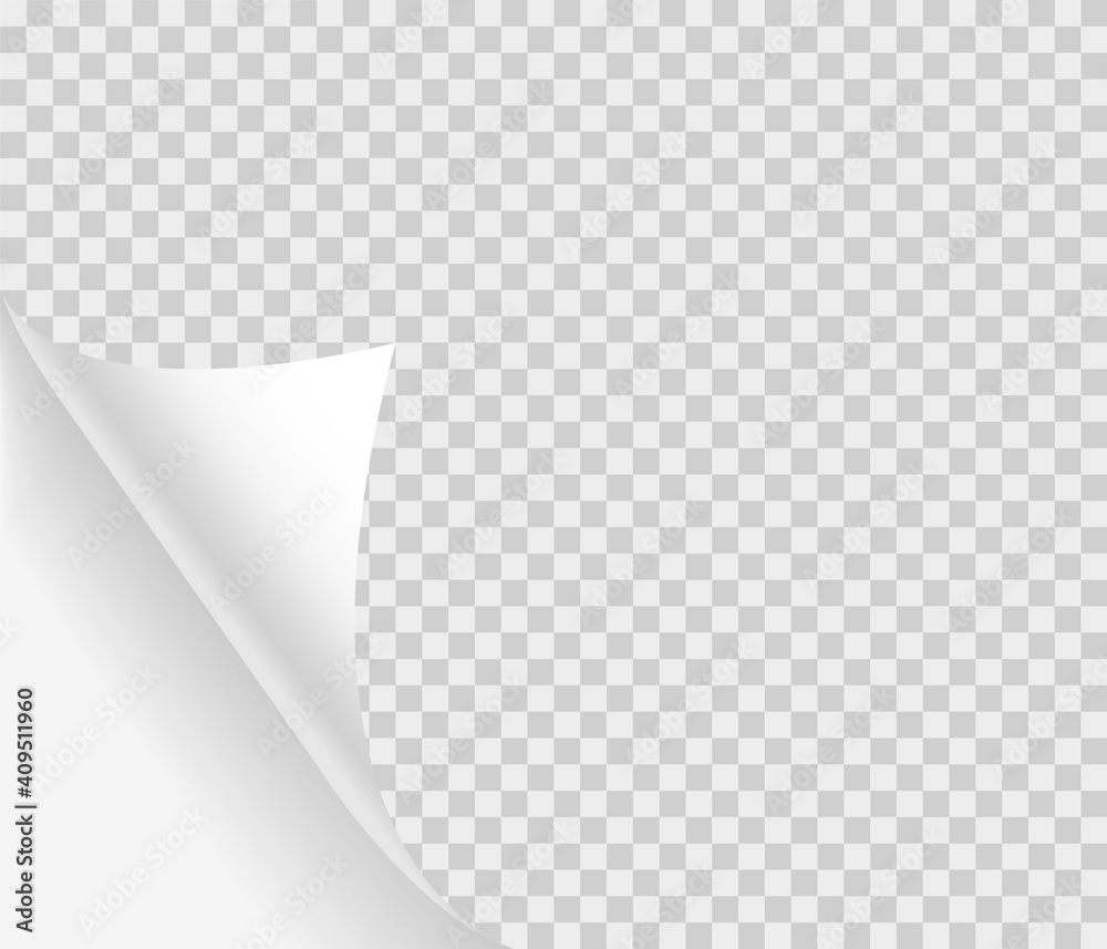 Curled page with shadow on blank sheet of paper. Page curl realistic paper mock up. Design element for advertising and promotional. Vector illustration. Curled page with shadow on blank sheet of paper. Page curl realistic paper mock up. Design element for advertising and promotional. Vector illustration.
