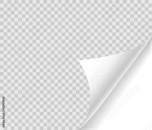 Curled page with shadow on blank sheet of paper. Page curl realistic paper mock up. Design element for advertising and promotional. Vector illustration.