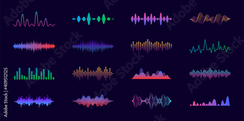 Sound waves set. Modern sound equalizer. Radio wave icons. Volume level symbols. Music frequency. Abstract digital equalizers for music app. Vector illustration.