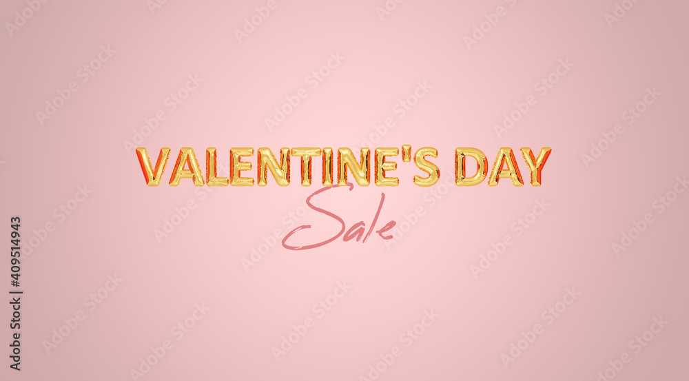 Valentines day sale sign with golden balloons on a pink background