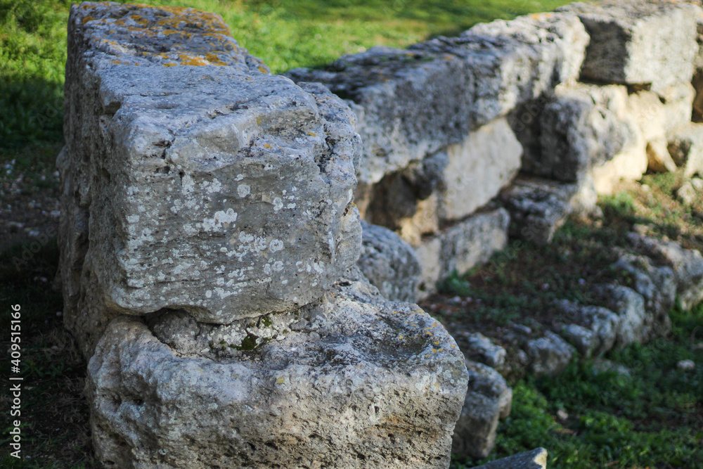 Ruins of an ancient Greek city by the sea. Chersonesos. The ancient city. Black Sea. Ruins of an ancient Greek city by the sea. Chersonesos. The ancient city. Black Sea.