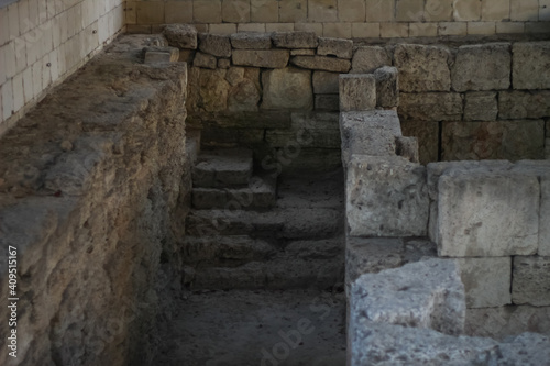 Fototapeta Naklejka Na Ścianę i Meble -  Ancient mint. Ruins of an ancient Greek city by the sea. Chersonesos. Ancient city. Black Sea.