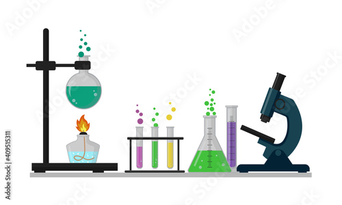 Chemical laboratory concept with test tubes, microscope and alcohol burner. Science, education, chemistry, test, experiment. Vector illustration isolated on white background.