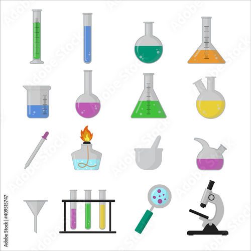 Set of science lab equipment. Beakers, flasks and test tubes for scientific experiments. Vector Illustration isolated on white background.