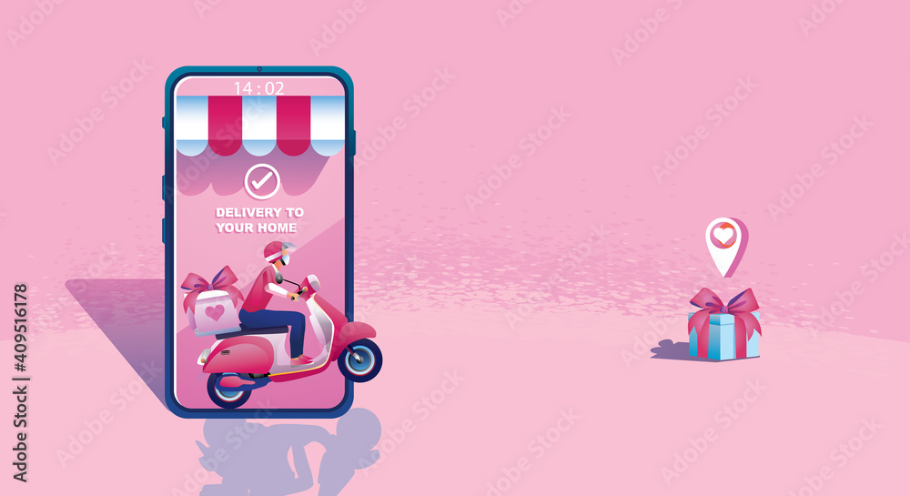 Online Shopping Concept, Website or Mobile phone Application, delivery, and Digital marketing. smartphone mock-up, fast delivery. 24-hour shopping, lovely Valentine's day pink tone, Vector