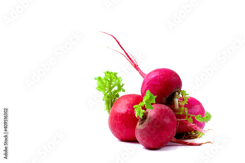 Root vegetable radish, raw, white background, horizontal, no people, copy spase,