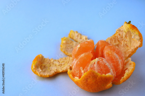 One fresh peeled tangerine in an open peel on a blue table with a copy space. High quality photo