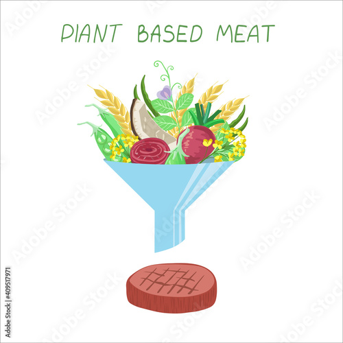 Vegan sources of protein. Plant based meat process of transformation. Peas and beet, wheat and rapeseed oil, coconut oil, vector illustration. Put vegetables into flow cup and transform into meat