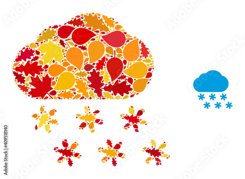 Snow Weather mosaic icon organized for fall season. Vector snow weather mosaic is composed with random autumn maple and oak leaves. Mosaic autumn leaves in bright gold, brown and red colors.