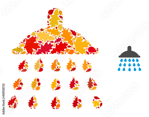 Shower mosaic icon done for fall season. Vector shower mosaic is made from random autumn maple and oak leaves. Mosaic autumn leaves in bright gold, brown and red colors.