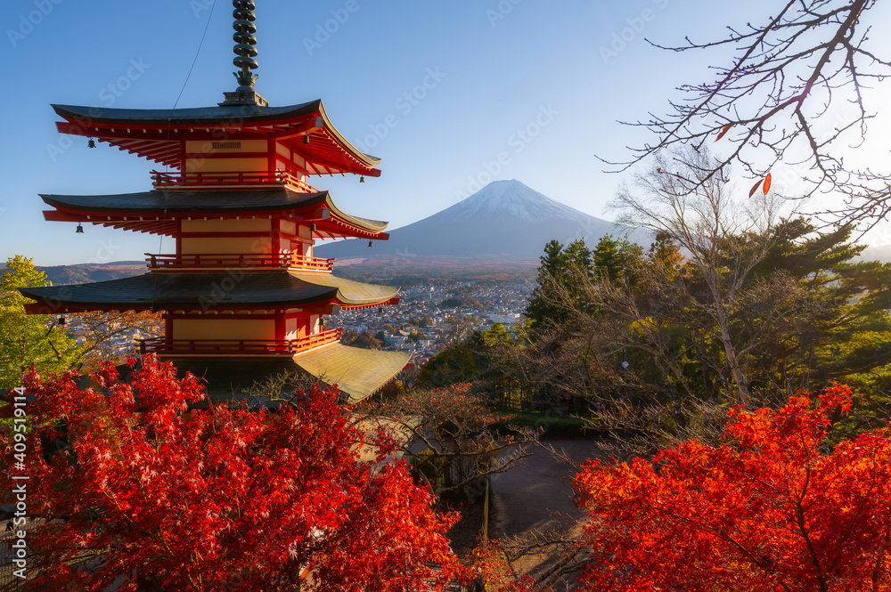 Beautiful Autumn scenery of Red pagoda Chureito the famous tourist attraction in fujinomiya town and Mount Fuji at sunset in Yamanashi prefecture, Japan
