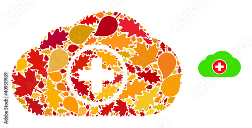 Medical Cloud mosaic icon designed for fall season. Vector medical cloud mosaic is designed with random autumn maple and oak leaves. Mosaic autumn leaves in bright gold, brown and red colors.