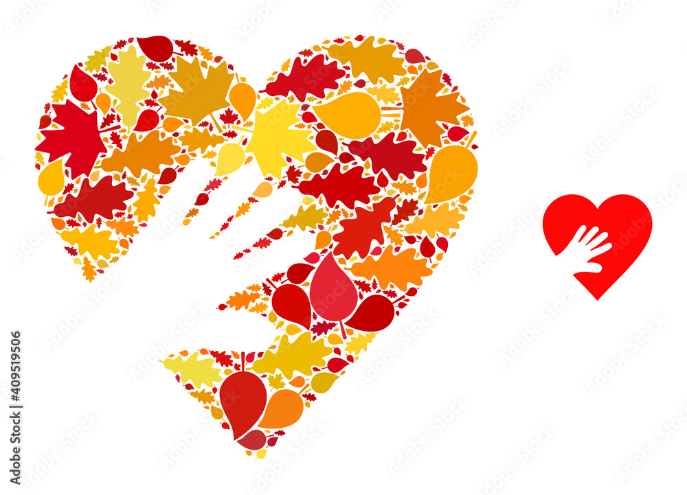 Hand Touch Heart collage icon organized for fall season. Vector hand touch heart mosaic is organized with randomized autumn maple and oak leaves. Mosaic autumn leaves in bright gold, Hand Touch Heart collage icon organized for fall season. Vector hand touch heart mosaic is organized with randomized autumn maple and oak leaves. Mosaic autumn leaves in bright gold,