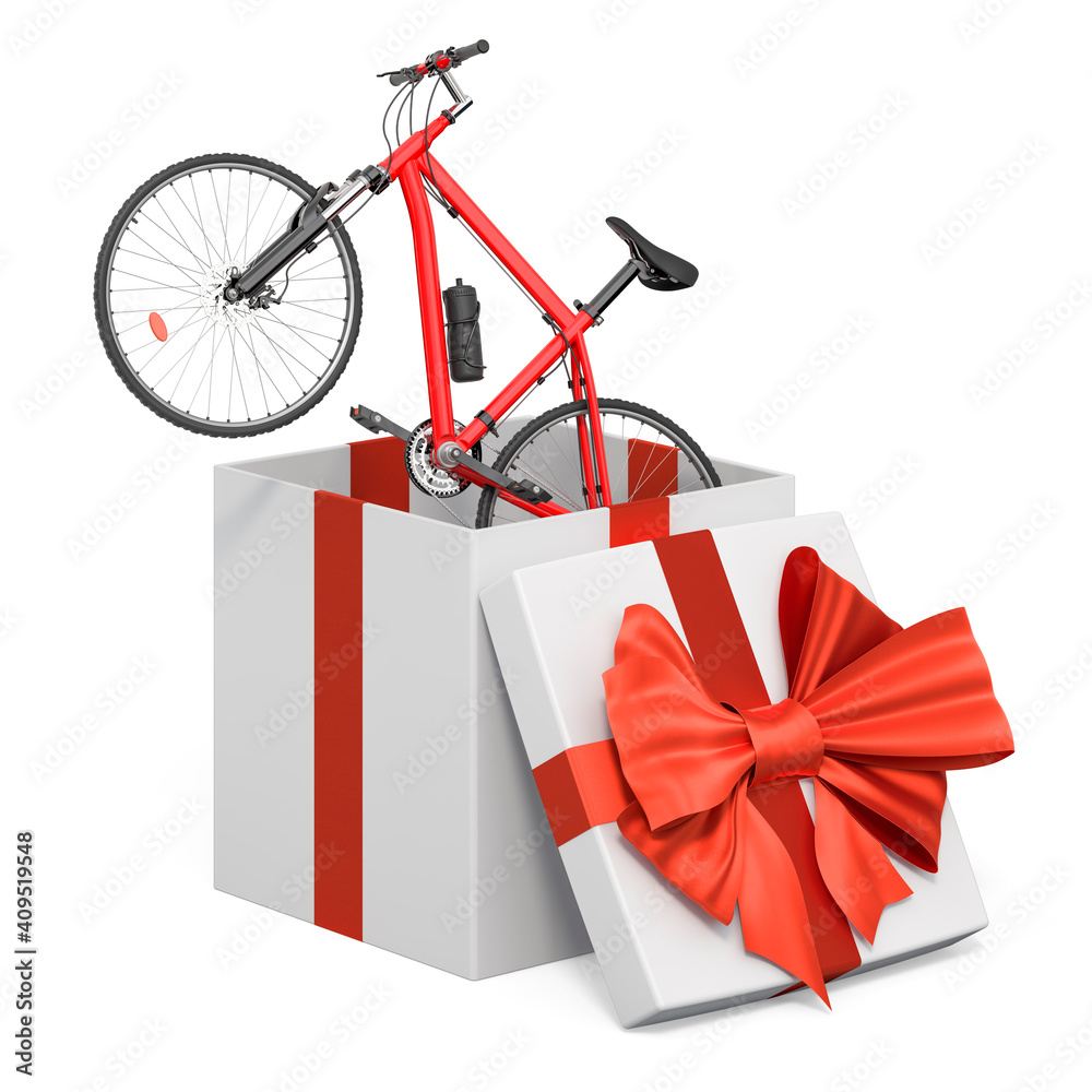 Sport bicycle inside gift box present concept. 3D rendering Stock