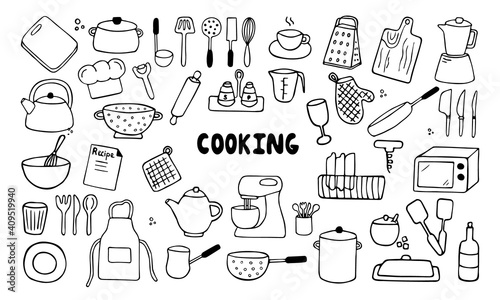 Set of kitchen tools doodles. Hand drawn kitchen equipments. Vector illustration on white background. Vector illustration for restaurant menu, recipe book, and wallpaper.