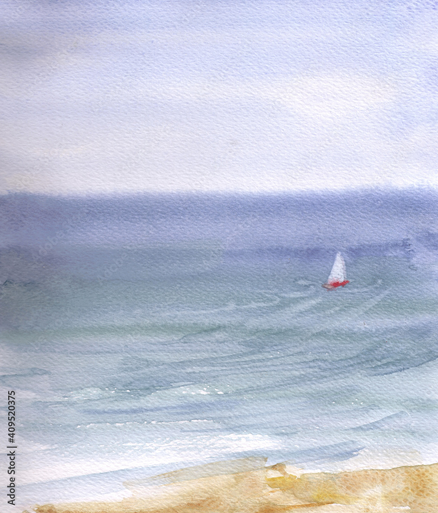 Hand-drawn watercolor painting seascape with sailboat, clear day.