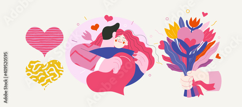 Fototapeta Naklejka Na Ścianę i Meble -  Embracing couple - Valentines day graphics. Modern flat vector concept illustration - a young hetoresexual couple hugging. Woman holds a big heart and soft. Cute characters in love concept