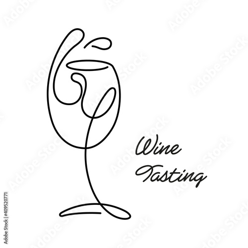 glass of wine is drawn with a continuous line and the inscription wine tasting, against a white background. Menu concept for a bar or restaurant. Vector, illustration
