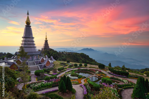 Beautiful view of two pagoda on mount Inthanon, Inthanon national park, Chiangmai province, Thailand
