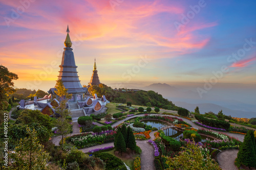 Beautiful view of two pagoda on mount Inthanon  Inthanon national park  Chiangmai province  Thailand