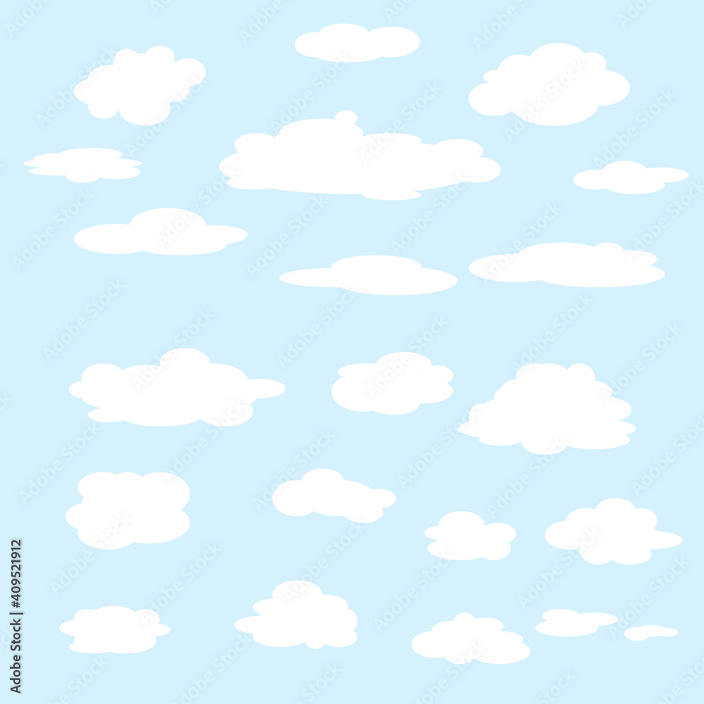 Set of clouds on a blue background. Realistic elements. Flat style vector illustration.