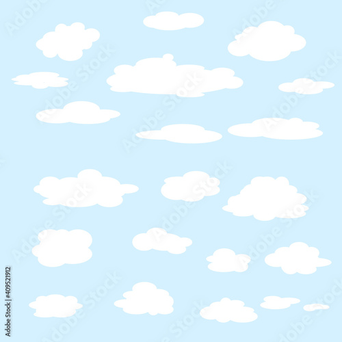 Set of clouds on a blue background. Realistic elements. Flat style vector illustration.