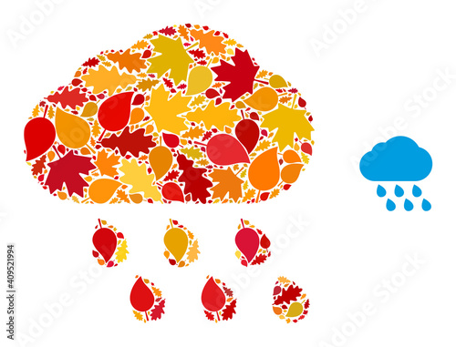 Rain Cloud mosaic icon designed for fall season. Vector rain cloud mosaic is formed from randomized fall maple and oak leaves. Mosaic autumn leaves in bright gold, brown and red colors.