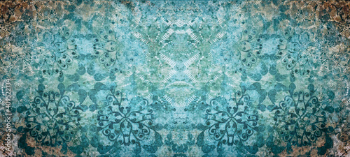 Old aquamarine turquoise vintage shabby damask floral flower patchwork tiles stone concrete cement wallwallpaer texture background banner