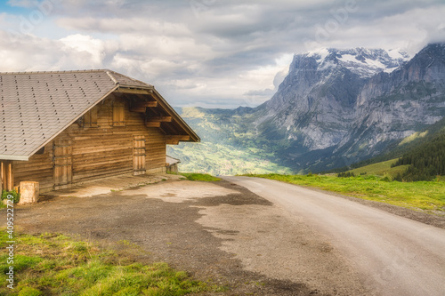 Traditional Swiss house at the top of the Grindelwald valley, Switzerland.