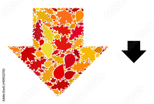 Download Arrow mosaic icon designed for fall season. Vector download arrow mosaic is constructed of scattered fall maple and oak leaves. Mosaic autumn leaves in bright gold, brown and red colors.