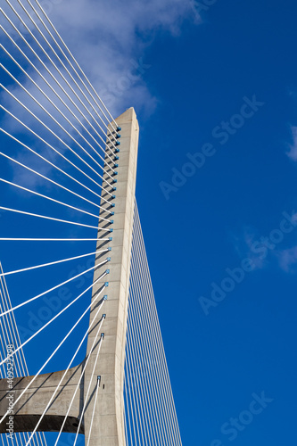 Vertical shot of one of the main towers of the  Vasco da gama  bridge  bridge